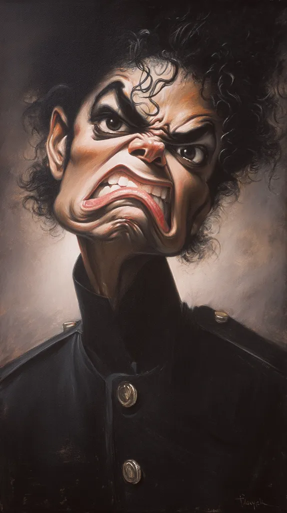 A caricature of Michael Jackson, his iconic dark curly hair framing an exaggerated, angry face.  His features are distorted, emphasizing his strong jawline and intense gaze. He's dressed in a dark, military-style jacket with prominent buttons. The painting uses dark tones and bold strokes to capture a dramatic and expressive portrayal of the singer.