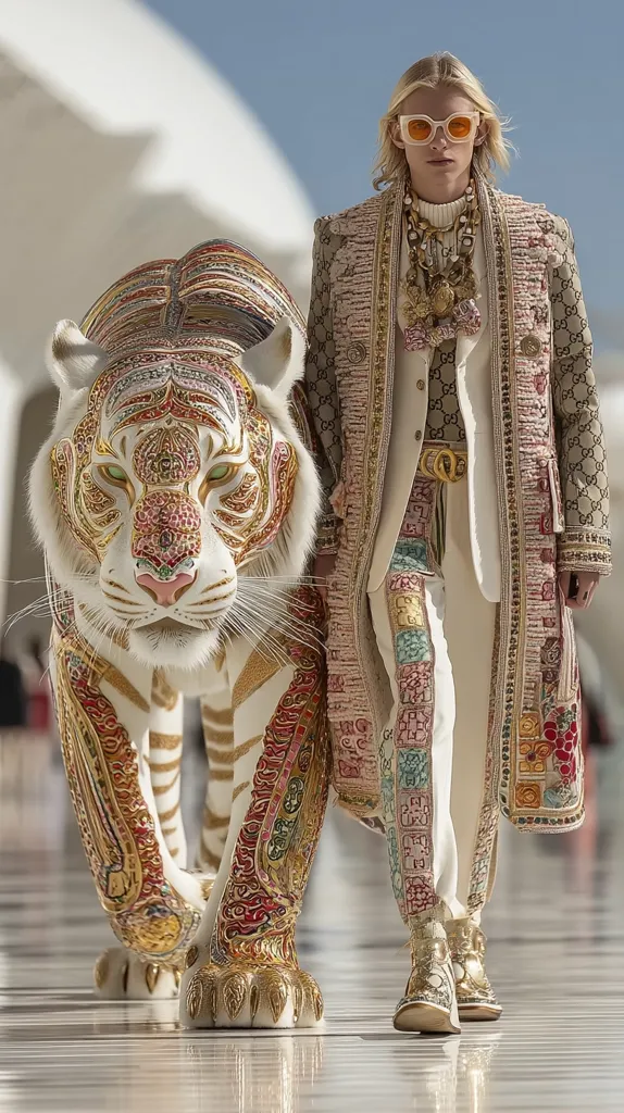 A fashion model, adorned in an ornate Gucci coat and pants, walks alongside a white tiger statue intricately decorated with gold and jewel-toned patterns. The model's attire features a blend of textures and colors, complemented by gold accessories and sunglasses. The backdrop suggests an opulent, possibly Middle Eastern setting. The image is striking in its contrast of modern fashion and ancient-inspired artistry.