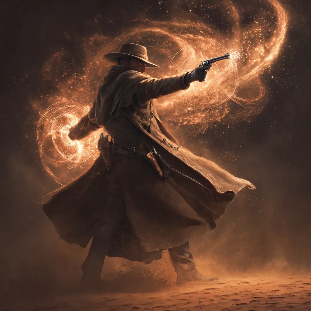 A lone gunslinger, clad in a long brown coat and wide-brimmed hat, stands in a dusty desert landscape.  He fires a revolver, imbuing the shot with magical energy.  Glowing orange trails and swirling energy emanate from the gun and his hand, creating a mystical and dramatic scene. The overall atmosphere is one of arcane power and the wild west.