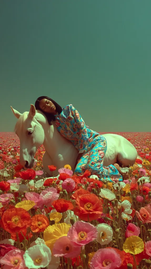 A woman in a vibrant teal and gold patterned jumpsuit reclines peacefully on a white horse amidst a breathtaking field of colorful poppies.  The scene is bathed in soft, warm light, creating a dreamy and surreal atmosphere.  The woman's dark hair contrasts against the bright flowers, and her relaxed pose suggests serenity and connection with nature.
