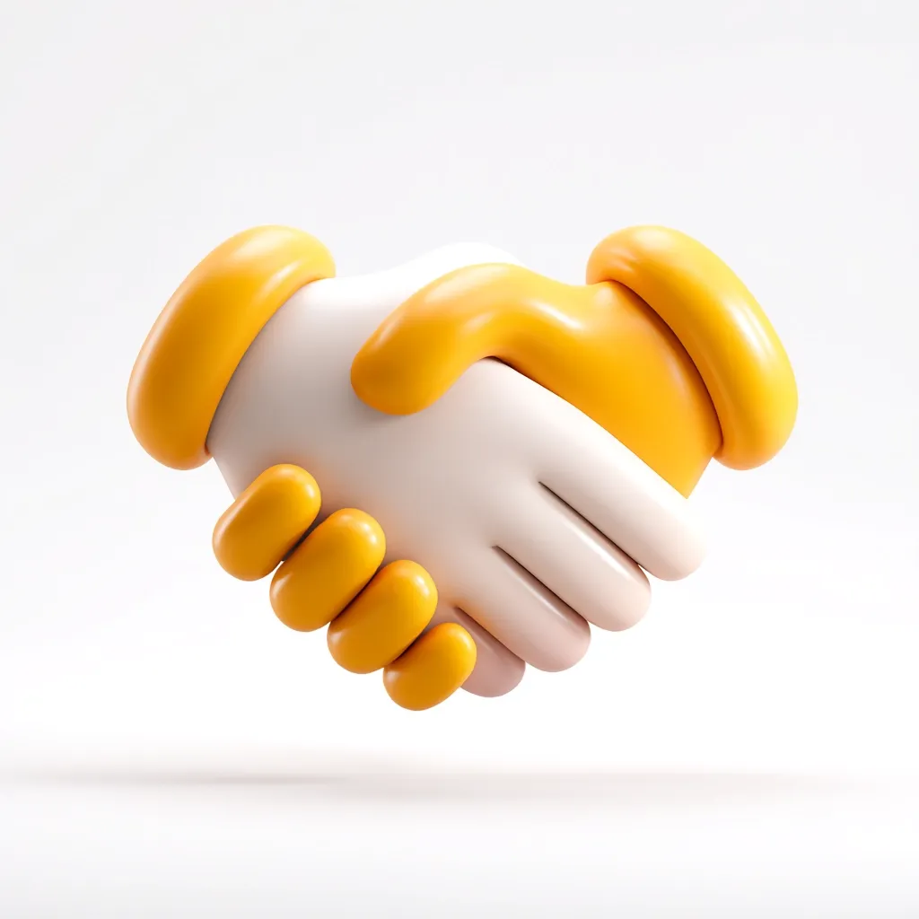 A 3D rendering of two cartoon hands shaking. One hand is white, the other is bright yellow.  The image is simple and clean, set against a plain white background.  The hands are stylized and smooth, suggesting a friendly and collaborative agreement or partnership.  The overall impression is one of trust and cooperation.