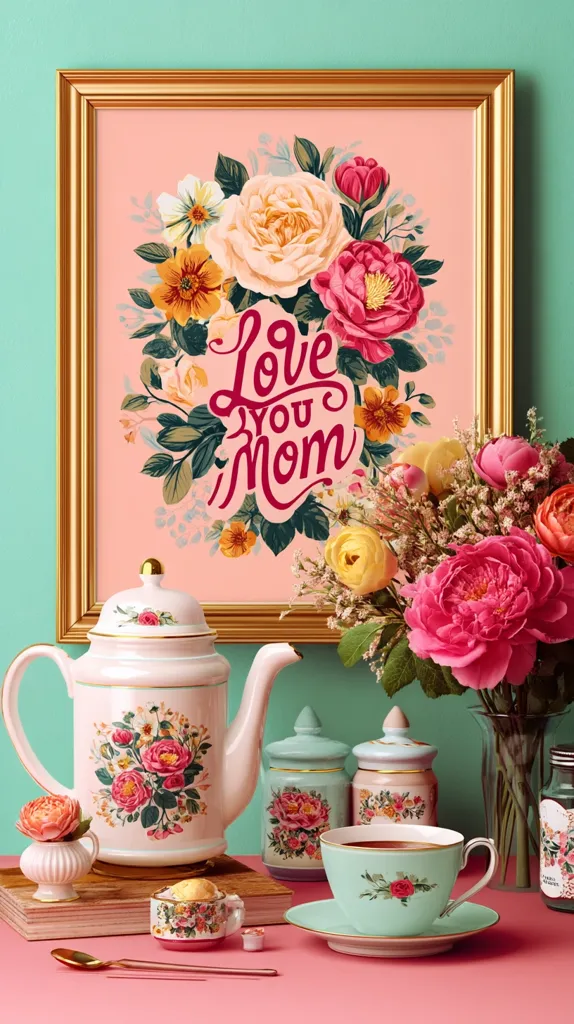 A gold-framed print featuring a floral arrangement and the words "Love You Mom" sits on a pink surface.  A floral teapot, matching sugar and creamer, and a teacup and saucer are arranged in front of it. A bouquet of pink and yellow flowers in a glass vase completes the Mother's Day-themed scene.  The overall aesthetic is romantic and vintage.