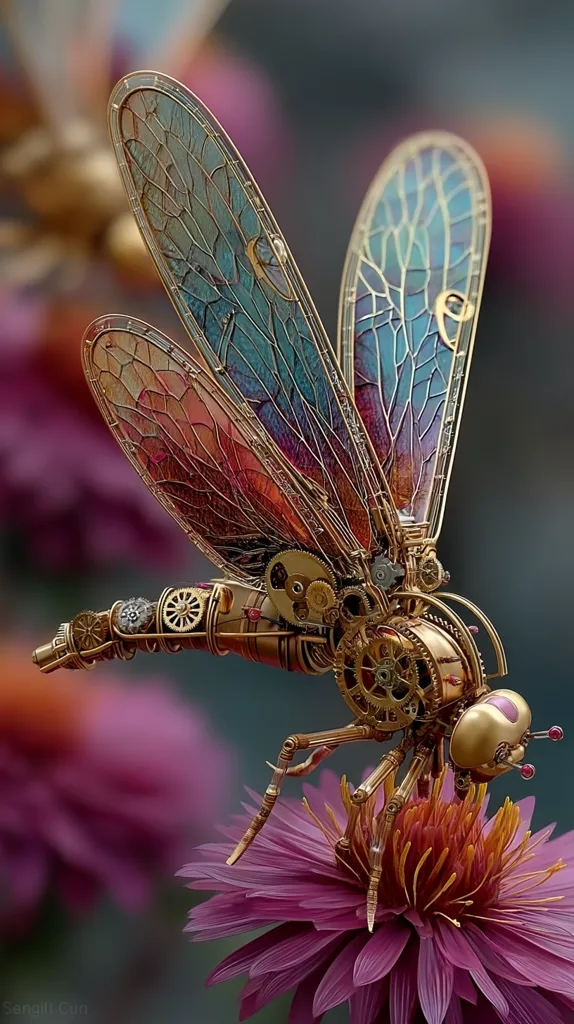 A stunning steampunk dragonfly, crafted from intricate golden gears and iridescent wings, delicately lands on a vibrant purple flower.  The detailed craftsmanship showcases a fusion of nature and technology, creating a breathtakingly artistic image.  The dragonfly's body is a masterpiece of miniature engineering, with visible cogs and mechanisms. The contrasting colors of the flower and the dragonfly's wings are visually striking.