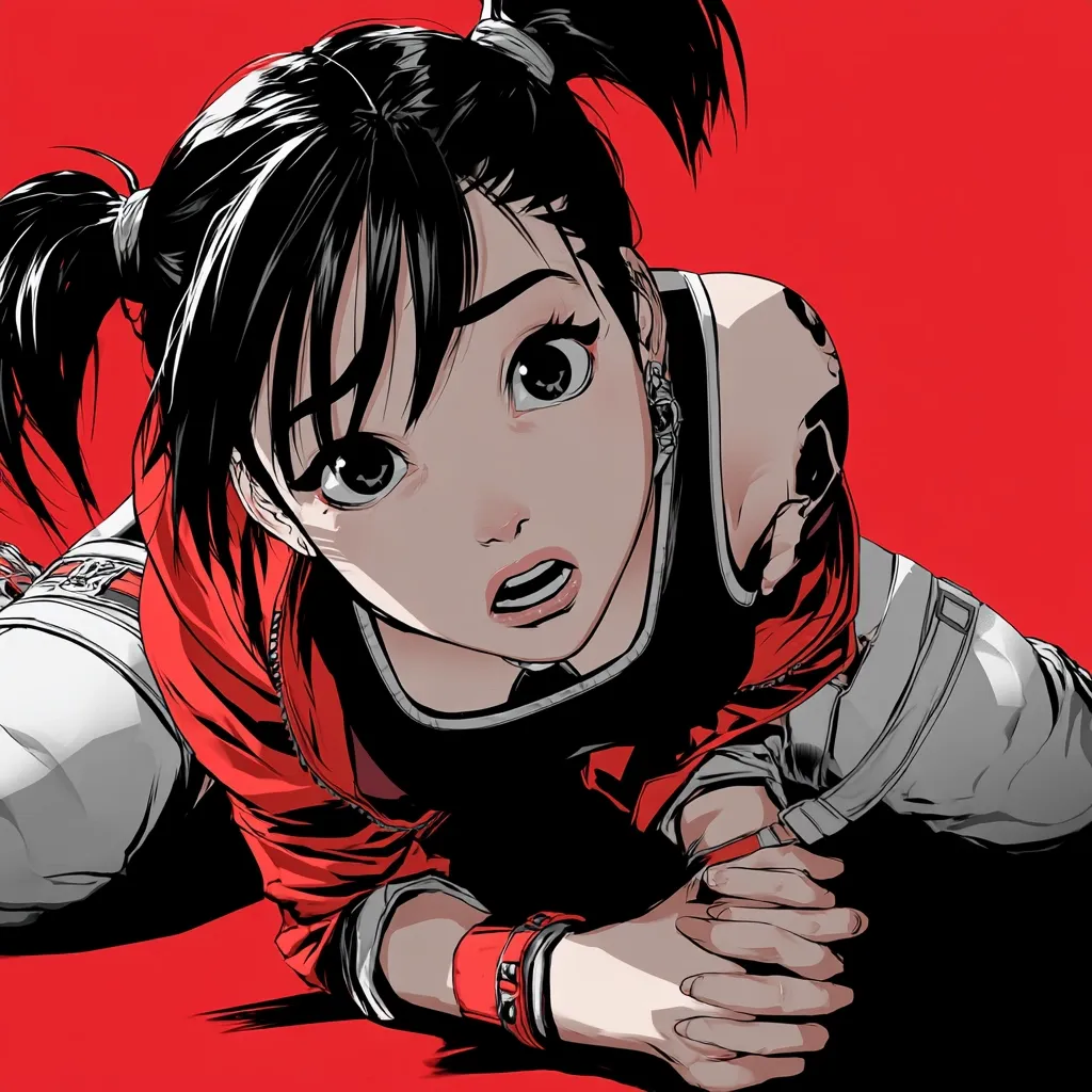 A stylized anime girl with black pigtails is depicted in a close-up shot. She's wearing a red jacket and light gray pants, her expression a mix of surprise and concern. Her large eyes and detailed features are hallmarks of the anime style. The background is a solid, vibrant red, contrasting sharply with her attire and pale skin. The overall aesthetic is edgy and dynamic.