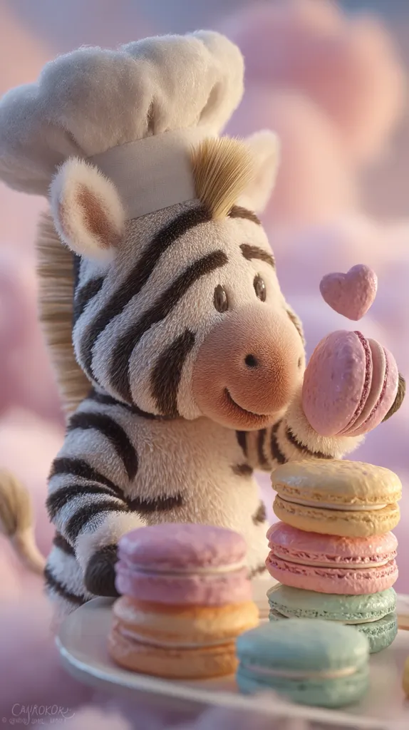 A cute zebra plush toy, wearing a chef's hat, holds a pastel-colored macaron.  More macarons in varying pastel shades are stacked nearby on a plate, with a small heart floating above. The scene is set against a soft, pink, cloudy background, creating a whimsical and adorable image.