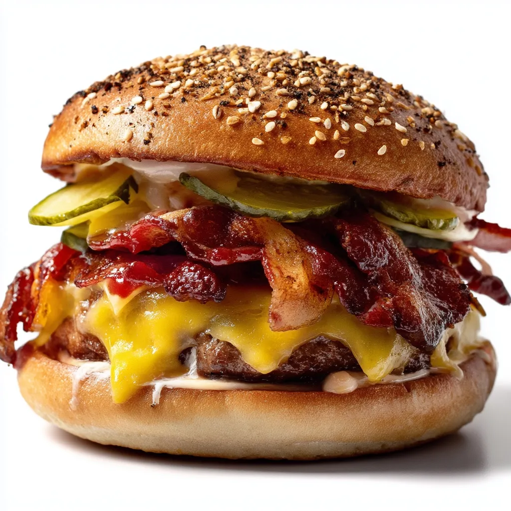 A mouthwatering gourmet burger is showcased, featuring a toasted sesame seed bun encompassing a juicy beef patty, melted cheddar cheese, crispy bacon, and tangy dill pickles.  The burger is generously layered, promising a rich and satisfying flavor profile.  The image highlights the burger's texture and appetizing ingredients, emphasizing its culinary appeal.