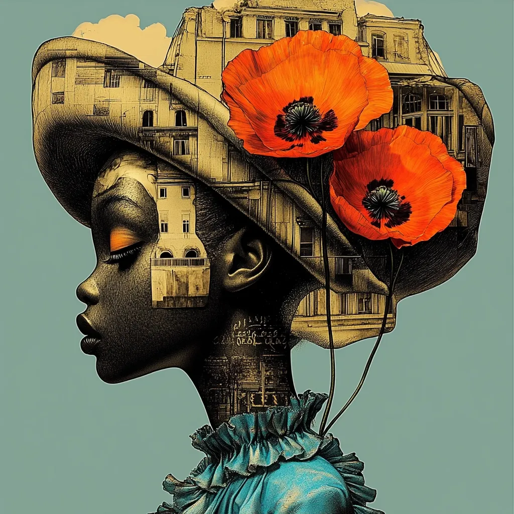 A stylized portrait of a Black woman in profile, wearing a large hat.  The hat incorporates a sepia-toned cityscape, creating a surreal effect. Two vibrant orange poppies emerge from the hat, adding a touch of color and nature. The woman's face is detailed, with strong features and expressive eyes. The overall style is a blend of realism and graphic art, with a sense of depth and texture.
