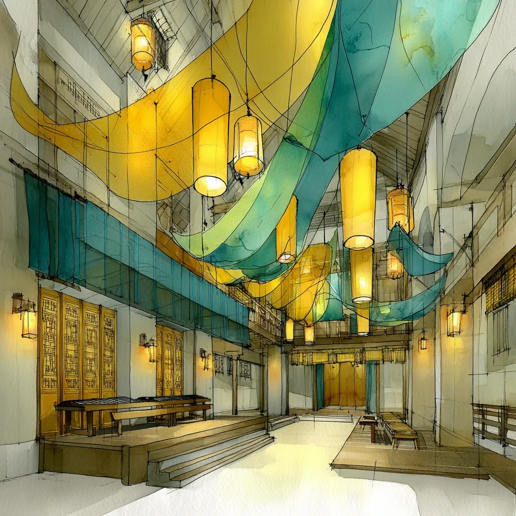 An architectural rendering depicts a spacious interior with a high ceiling adorned with flowing teal and yellow fabric panels.  Numerous cylindrical pendant lights hang from the ceiling, casting a warm glow.  The space features traditional Asian-inspired design elements, including wooden benches, ornate doors, and wall sconces.  The overall style is a blend of watercolor and sketch, creating a serene and elegant atmosphere.