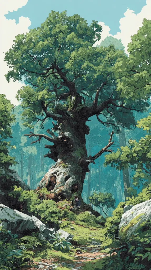 A majestic, ancient tree dominates the scene, its gnarled trunk hollowed with intriguing cavities.  Lush greenery envelops the base, contrasting with pale rocks. A figure is faintly visible near the tree's hollow, adding a sense of scale and mystery.  The forest surrounding the tree is vibrant, filled with sunlight filtering through the canopy. The overall style evokes a fantastical, almost fairytale-like atmosphere.