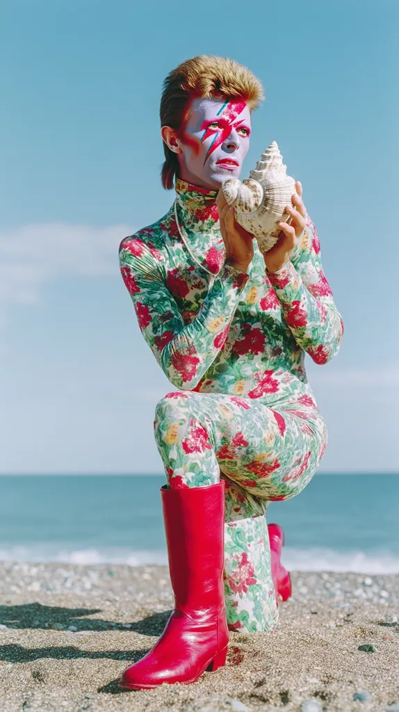 David Bowie, in a vibrant floral jumpsuit and bright red boots, kneels on a beach.  His iconic lightning bolt makeup is visible, and he holds a large seashell to his ear.  The clear blue sky and ocean provide a stark contrast to his colorful attire, creating a striking and memorable image.