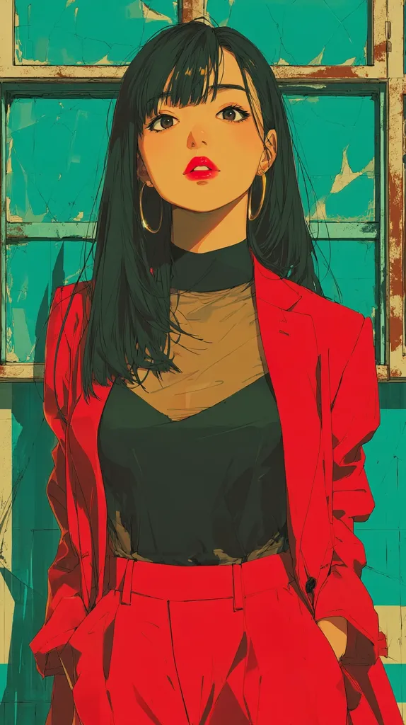 A stylized anime-esque portrait of a young woman with long black hair, wearing a vibrant red blazer and matching pants.  Her outfit includes a sheer black top underneath. She's positioned against a teal, weathered window frame, creating a striking contrast of colors.  Her expression is serene, and her gaze is directed upward. The overall style is modern and fashion-forward.