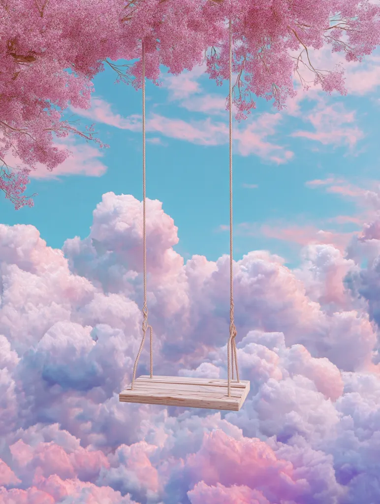A whimsical image depicts a simple wooden swing hanging from a blossoming pink tree against a dreamy pastel sky.  Fluffy clouds fill the background, creating a surreal and peaceful atmosphere. The soft colors and ethereal setting evoke a sense of tranquility and wonder. The scene is highly stylized, seemingly digitally enhanced for a fairytale-like effect.