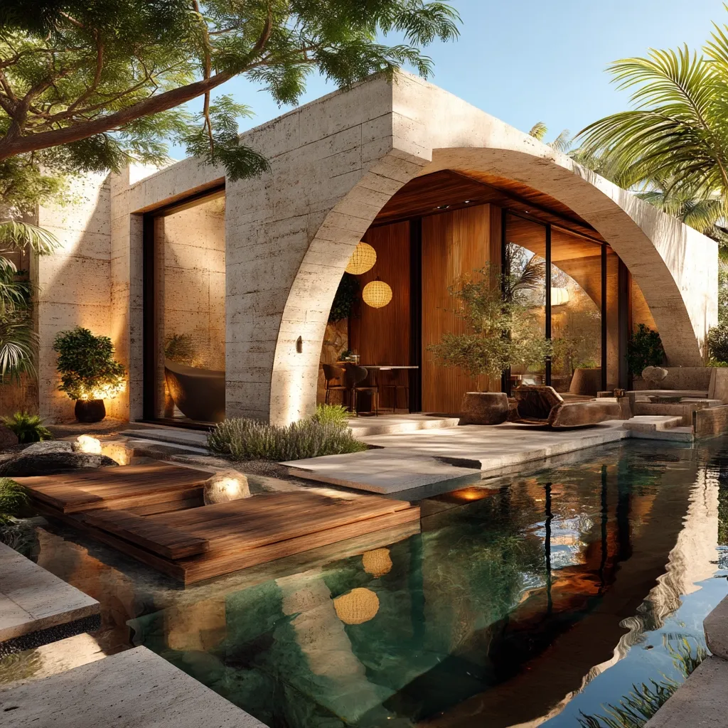A modern, minimalist architectural design featuring a light beige stone structure with arched entryways.  The interior reveals a wooden dining area and seating.  A tranquil pool seamlessly integrates with a wooden deck, creating a serene outdoor space. Lush greenery and soft lighting enhance the calming atmosphere.  The design blends indoor and outdoor living, emphasizing natural elements and a peaceful ambiance.