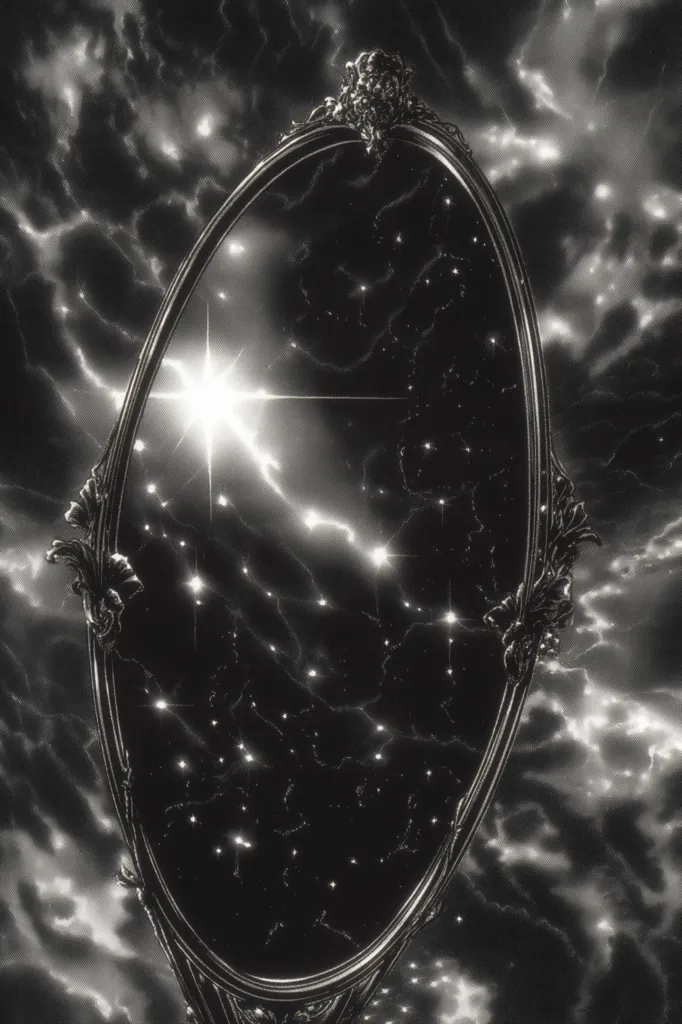 A monochromatic image depicts an ornate oval mirror reflecting a cosmic scene.  The mirror's surface shows a dark, star-filled expanse with a bright star radiating light.  The mirror itself is set against a backdrop of swirling clouds, creating a surreal and dreamlike atmosphere. The contrast between the dark cosmos and the bright star emphasizes a sense of mystery and wonder.