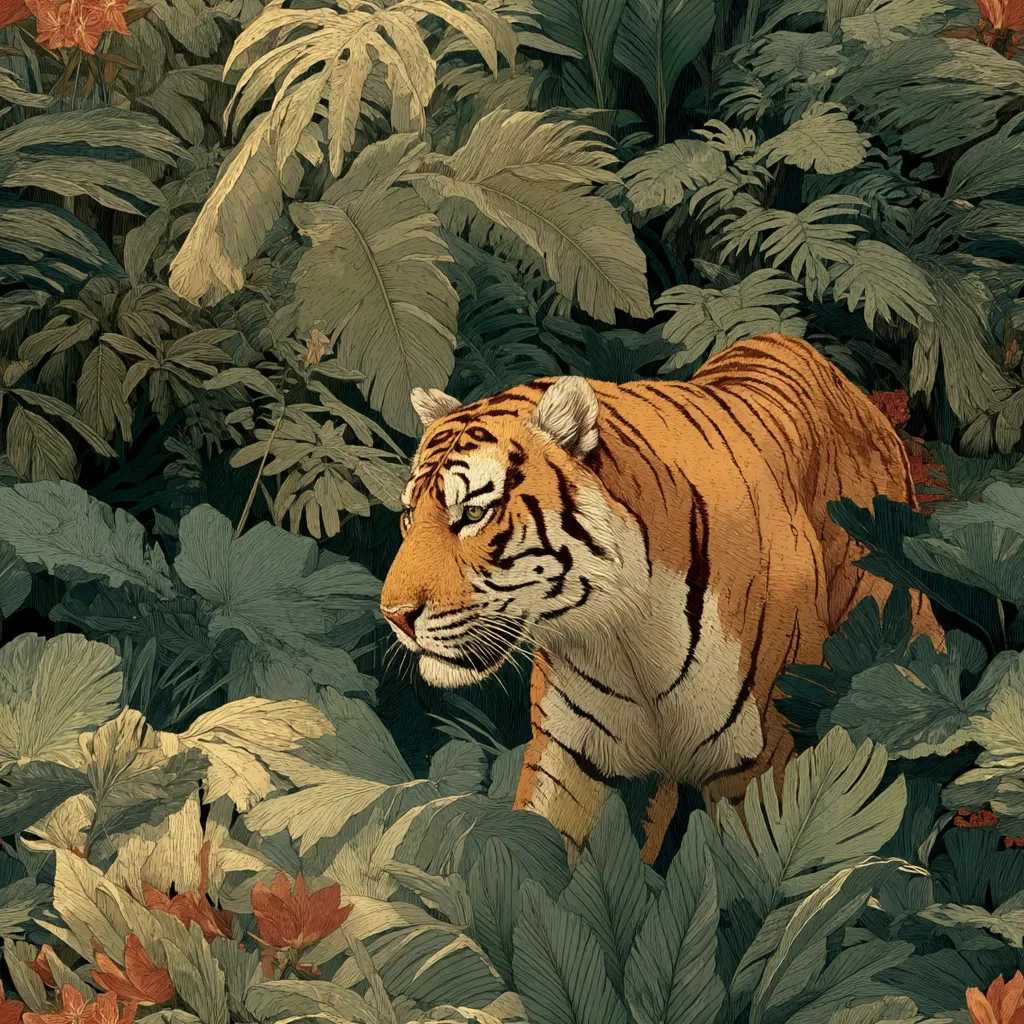 A majestic tiger, its orange and black stripes vividly detailed, stalks through a lush, verdant jungle.  Large, textured leaves of various tropical plants surround the tiger, creating a dense and atmospheric scene.  The overall style is reminiscent of botanical illustration, emphasizing the intricate details of both the animal and the foliage.  Muted greens and oranges dominate the color palette, enhancing the tranquil yet powerful image.
