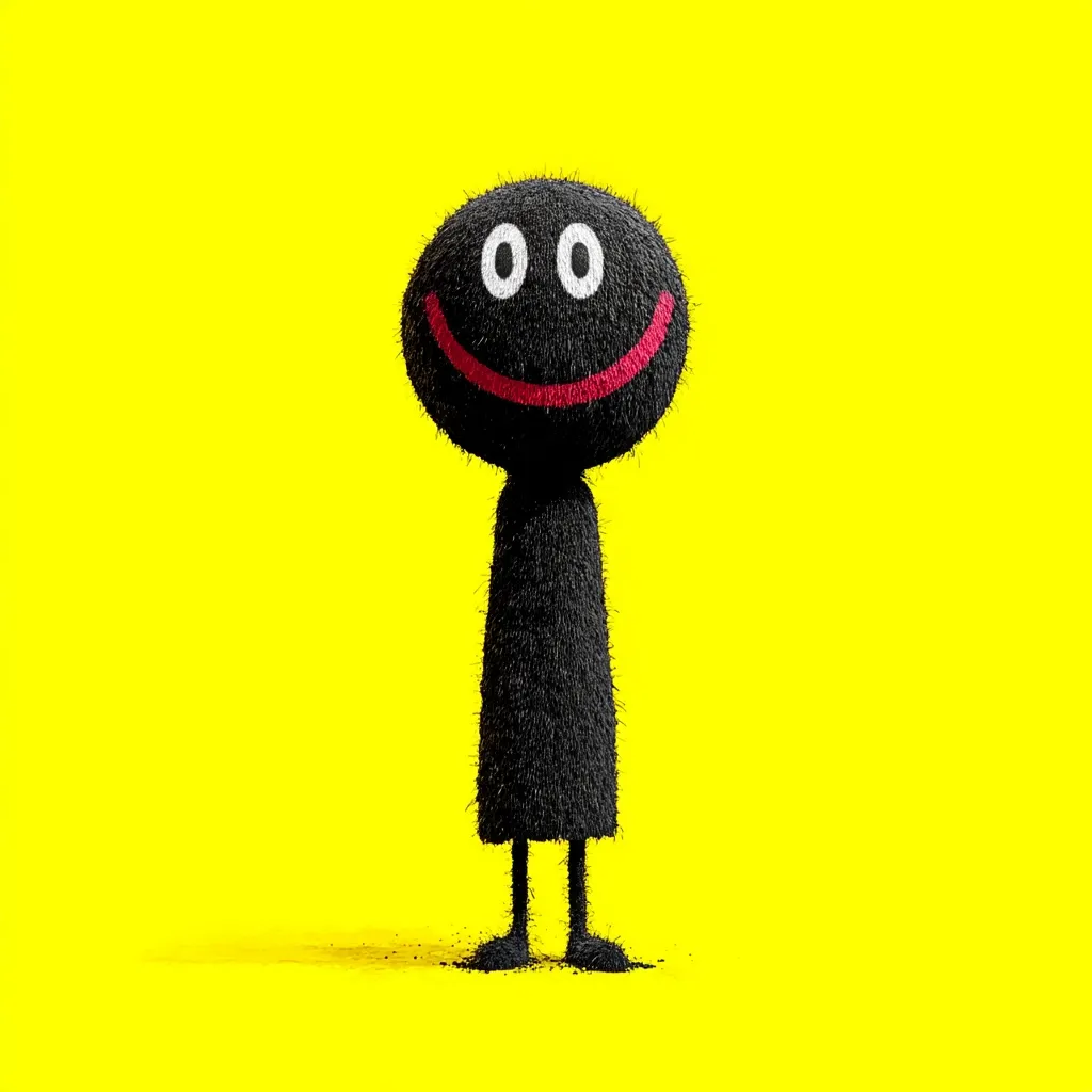 A whimsical, black, fuzzy character stands against a vibrant yellow backdrop.  Its round head features a simple, smiling face with two white eyes and a red mouth.  The body is elongated and slender, ending in small, stubby legs. The overall effect is playful and slightly surreal.