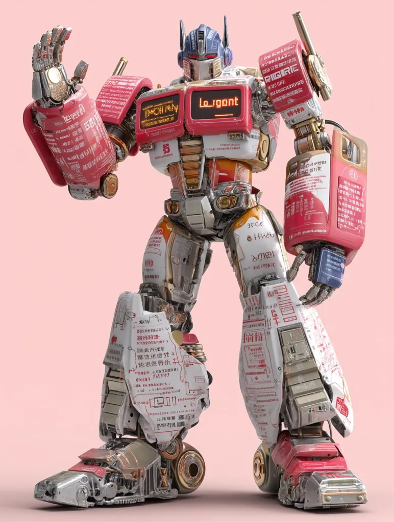 A stylized Optimus Prime robot is depicted, constructed from repurposed materials.  Its surface is covered in what appears to be Asian packaging, featuring text and graphics. The robot stands in a slightly posed stance, with one arm raised, and its chest displays "Leigont" in a digital display.  The overall aesthetic blends robotic detail with a unique, recycled material design.