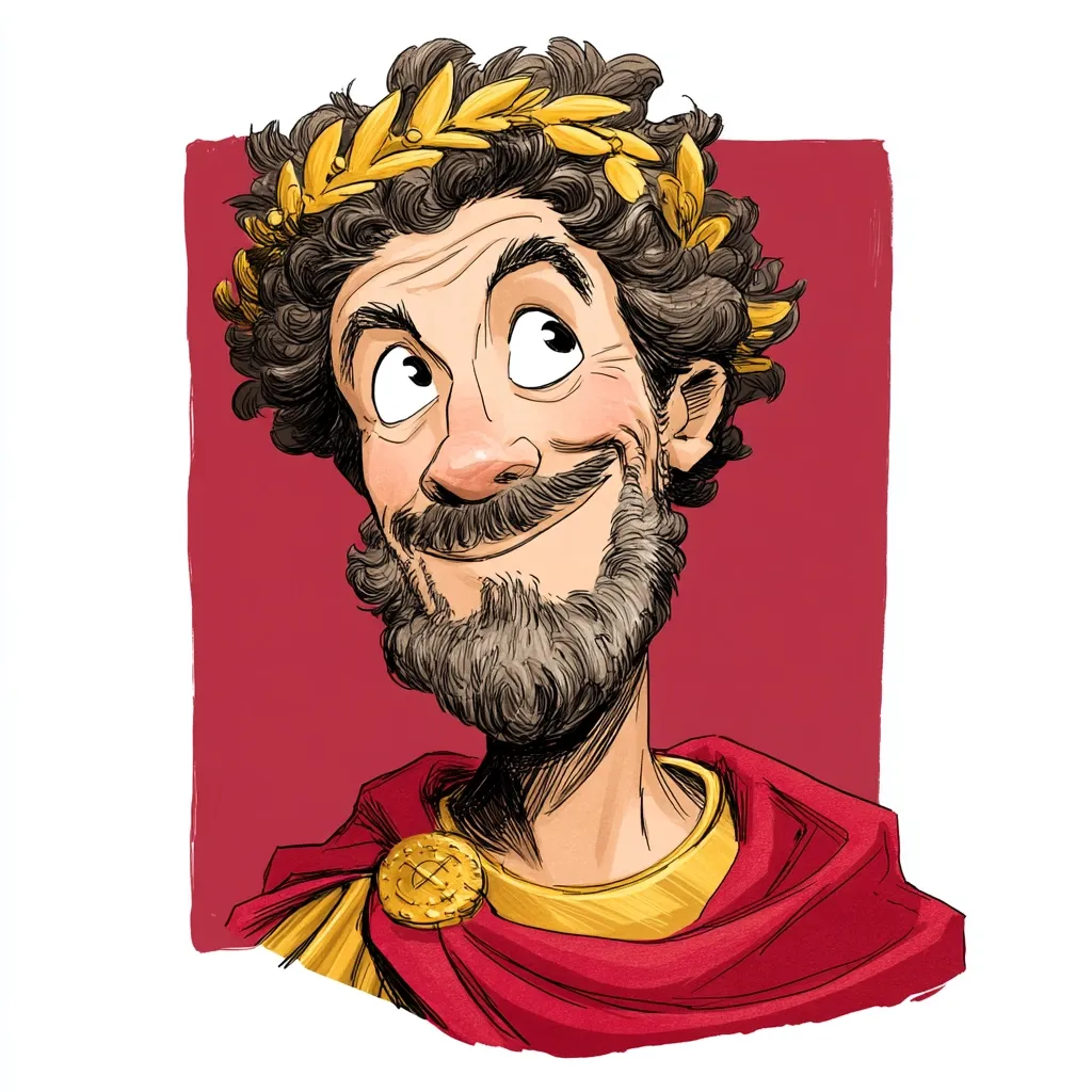 A stylized cartoon portrait of a Roman emperor. He has curly dark hair adorned with a golden laurel wreath, a short, scruffy beard, and wears a red and gold toga. His expression is one of cheerful contemplation, his gaze directed upward and slightly to his left. The background is a simple, deep red.  The overall style is playful and slightly whimsical.