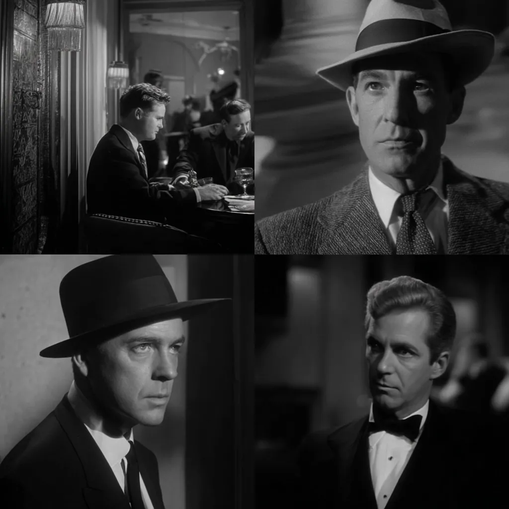 A black and white film still collage showcases four distinct scenes.  The top left shows two men in suits at a bar, one appearing thoughtful. The top right features a man in a fedora, his expression serious. The bottom left shows a man in a fedora from the side, a contemplative look on his face. Lastly, the bottom right depicts a man in a tuxedo and bow tie, appearing sharp and possibly formal.  The overall mood is dark and mysterious, suggesting a crime drama or film noir.