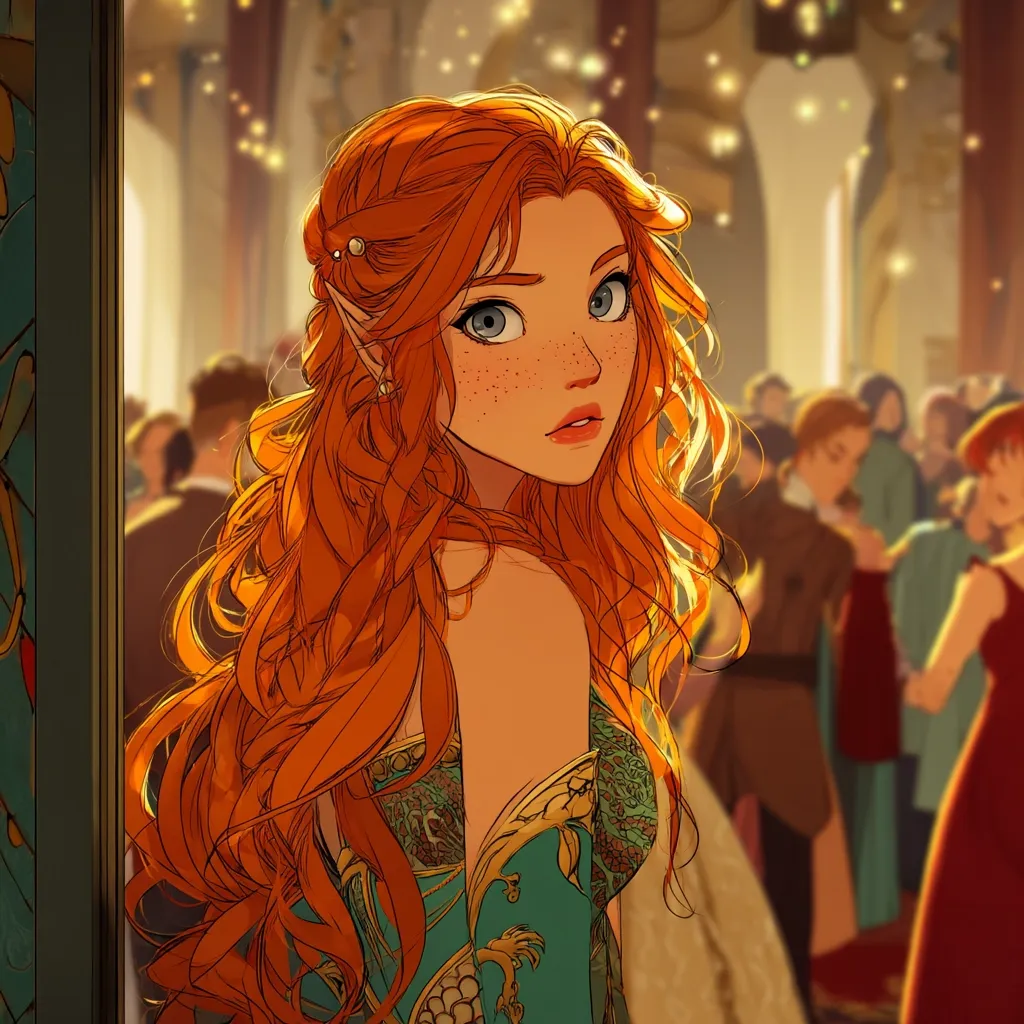 A young woman with long, vibrant ginger hair and freckles stands at a doorway, her gaze directed away.  She wears an elegant teal and gold gown, adorned with intricate detailing.  Pointy ears suggest an elven heritage.  The background depicts a bustling ballroom, filled with elegantly dressed people, creating a sense of a grand, formal event.  Her expression is pensive and slightly shy.