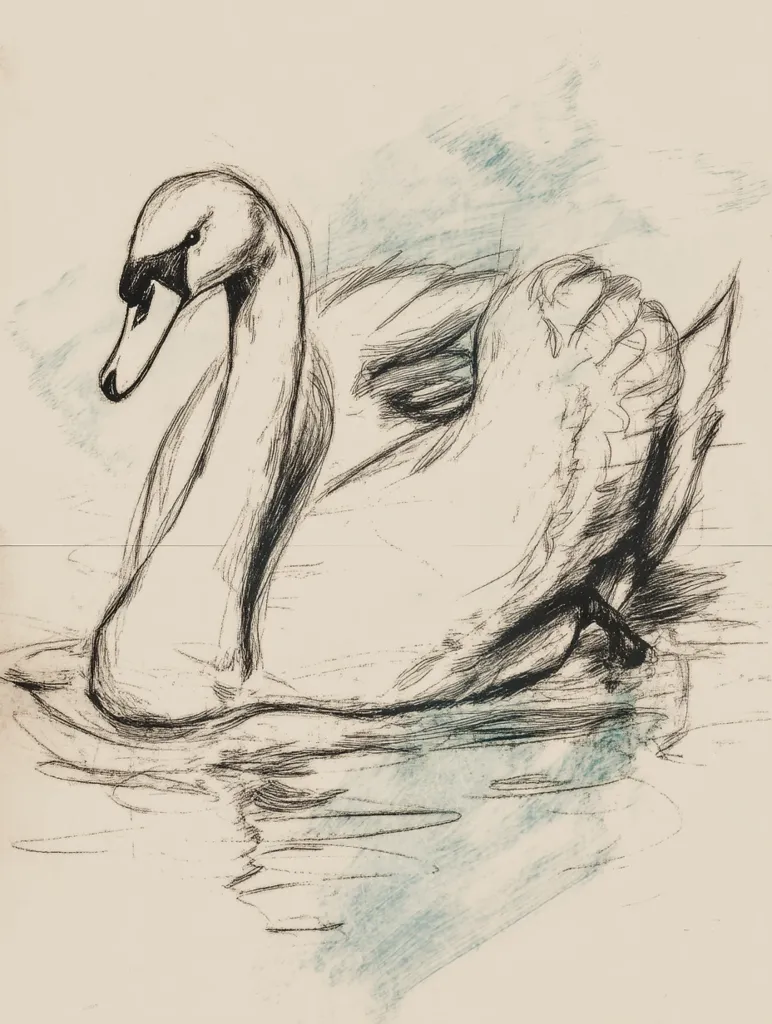 A pencil sketch depicts a swan gracefully gliding on water.  The swan's elegant form is rendered in detailed hatching, emphasizing its feathers and posture.  The water is suggested with light washes of blue and grey, creating a sense of movement and reflection. The overall style is expressive and evocative, capturing the beauty and serenity of the bird.
