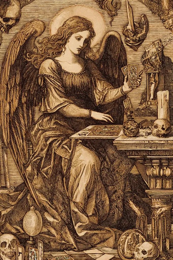 A sepia-toned illustration depicts a winged angel, cloaked and seated at a table.  She holds tarot cards, surrounded by skulls, a dagger, and other symbolic objects suggesting mortality and divination. The detailed etching style emphasizes the somber atmosphere and the angel's contemplative expression.  The scene is rich with allegorical detail, hinting at themes of fate and the ephemeral nature of life.