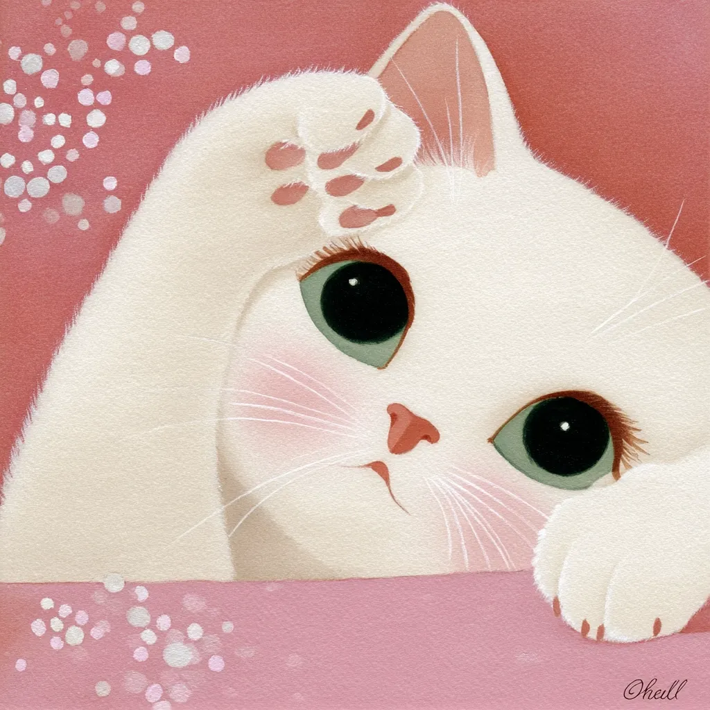 A charming illustration features a white kitten with large, expressive green eyes.  The kitten's paw rests on its head, creating a playful and endearing pose. Soft pink blush accents its cheeks, and its expression is gentle and curious.  The background is a muted pink with delicate, light-colored bokeh effects, enhancing the overall soft and whimsical feel.