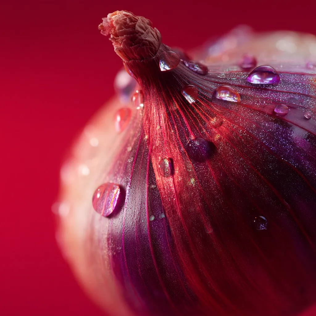 A close-up shot reveals a red onion, its layers glistening with water droplets.  The vibrant red and purple hues of the onion's skin are accentuated by the light reflecting off the moisture.  The image focuses on the intricate details of the onion's structure and the textured surface, creating a visually striking and almost abstract composition against a solid red background.