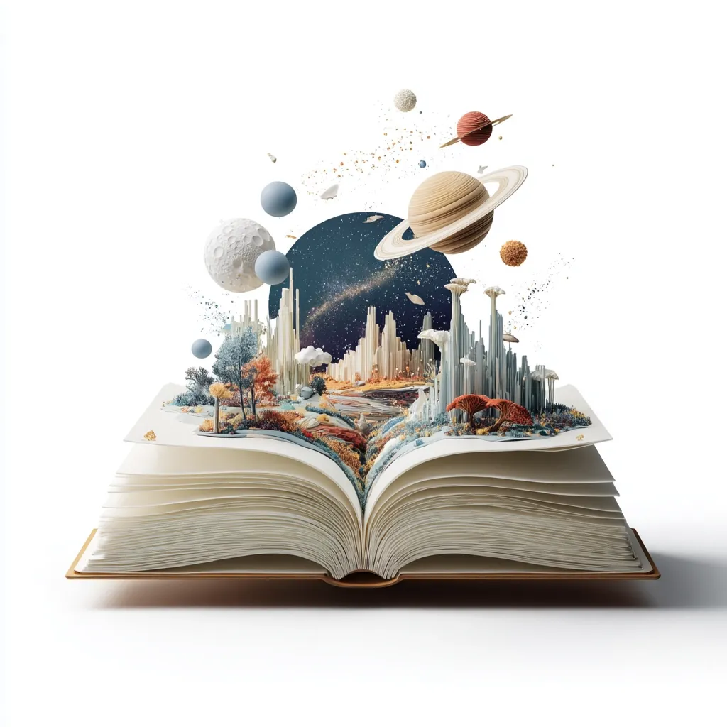 An open book reveals a fantastical landscape: a futuristic city nestled among autumnal trees, all under a starry night sky.  Planets and celestial bodies orbit above, creating a whimsical, otherworldly scene.  The image blends elements of fantasy and science fiction, suggesting a journey into a boundless imagination through the power of reading.