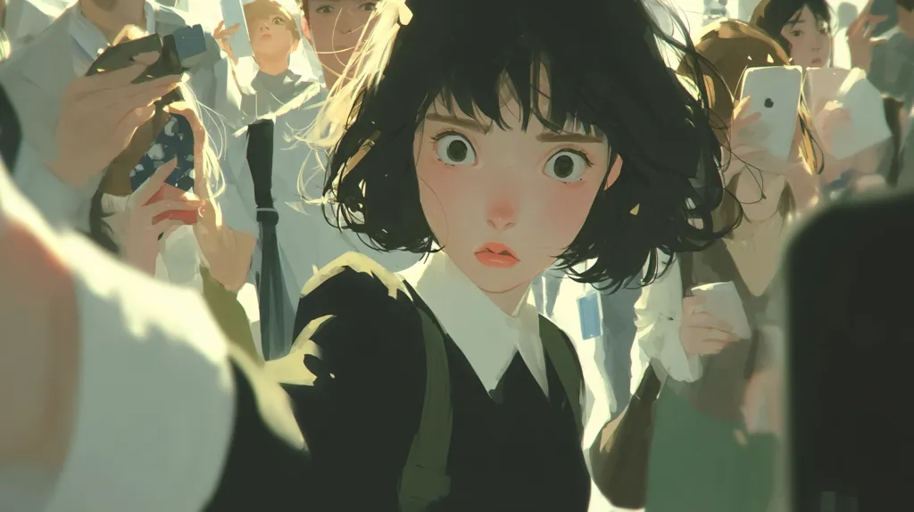 A young woman with short black hair and large eyes is the focus of a digital painting.  She's surrounded by a blurred crowd of people, some holding phones and cameras, suggesting a public place.  The style is soft and painterly, with warm lighting highlighting her features.  Her expression is a mix of surprise and slight apprehension, as if she's unexpectedly the center of attention. The overall atmosphere is one of bustling activity and quiet introspection.