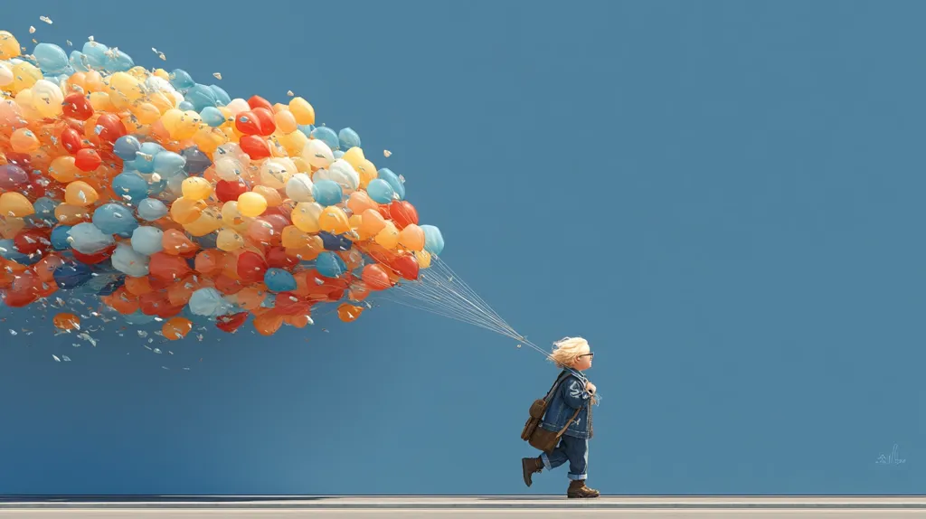 A child with a backpack runs alongside a massive cluster of colorful balloons trailing behind them against a clear blue sky.  The balloons, in shades of orange, red, blue and beige, drift and float, creating a whimsical and adventurous scene.  The overall style is digitally rendered with a soft, painterly effect.