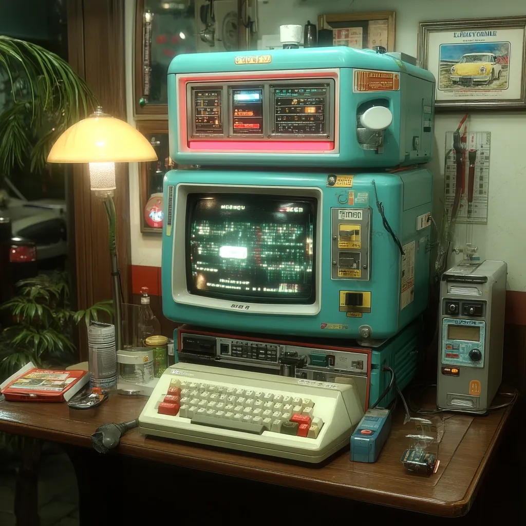 A retro-styled teal computer system sits on a dark wooden desk.  The setup includes a stacked monitor and CPU unit, a beige keyboard, and various other vintage electronics.  A desk lamp illuminates the scene, casting a warm glow. The background features framed pictures and shop tools, suggesting a workshop or garage setting.  The overall aesthetic is reminiscent of 1980s technology.