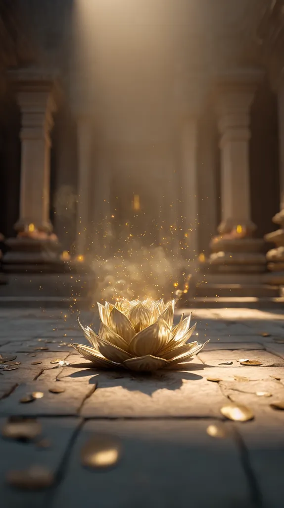 A golden lotus flower rests on a stone floor within a grand, dimly lit hall.  Golden particles emanate from the flower, creating a magical, ethereal ambiance.  The background features classical architecture with pillars and subtly glowing candles, enhancing the scene's serene and mystical atmosphere.  The overall mood is one of peace and tranquility.