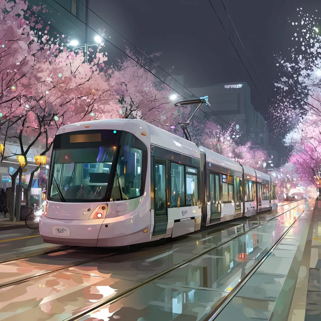 A modern, light-grey tram glides along rain-slicked tracks under the soft glow of streetlights.  Cherry blossoms in full bloom line the street, their pink petals contrasting with the twilight sky.  The scene is serene and peaceful, conveying a sense of quiet beauty in a city at night.  Reflections shimmer on the wet pavement, enhancing the atmospheric mood.