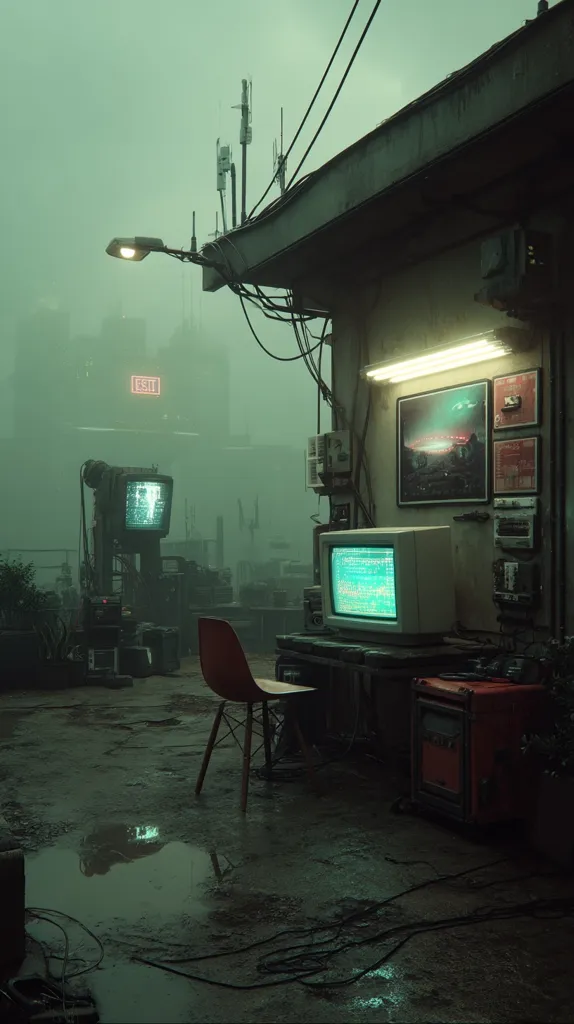 A cyberpunk-style rooftop scene is depicted under a misty, green-tinged sky.  A red chair sits near a desk with an old computer displaying green code.  Various electronic equipment and wires clutter the space, creating a gritty, industrial atmosphere.  In the background, a foggy cityscape and an exit sign are visible, enhancing the dystopian mood.  A puddle reflects the surrounding environment.