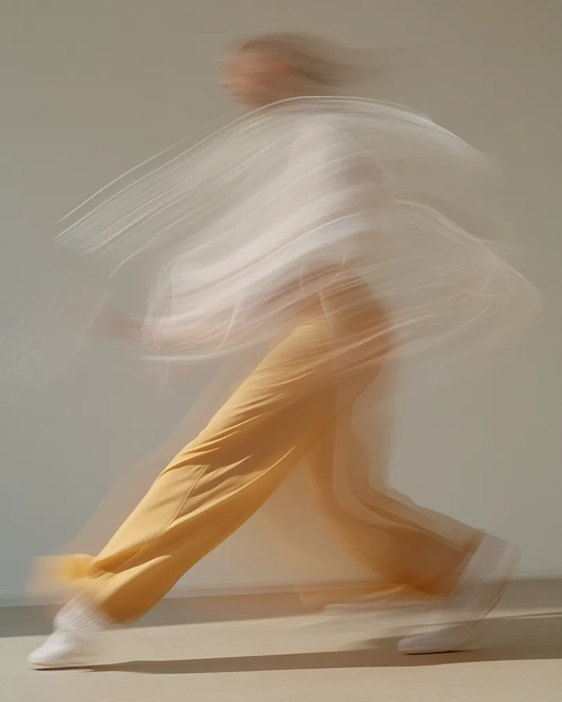 A motion-blurred image captures a person in motion, wearing a flowing white top and mustard-yellow trousers.  The dynamic composition suggests movement and energy. The soft, muted color palette contributes to a feeling of serenity. The blur effect obscures fine details, emphasizing the fluidity of the pose.