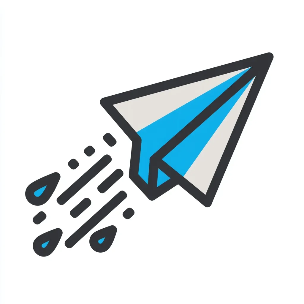 The image is a stylized illustration of a paper airplane in flight.  It's primarily white and light grey with a bold blue center stripe.  The airplane is depicted in a cartoonish, line-art style with thick black outlines.  Small blue water droplets trail behind it, suggesting speed and motion. The overall design is simple, modern, and likely represents concepts of speed, communication, or delivery.