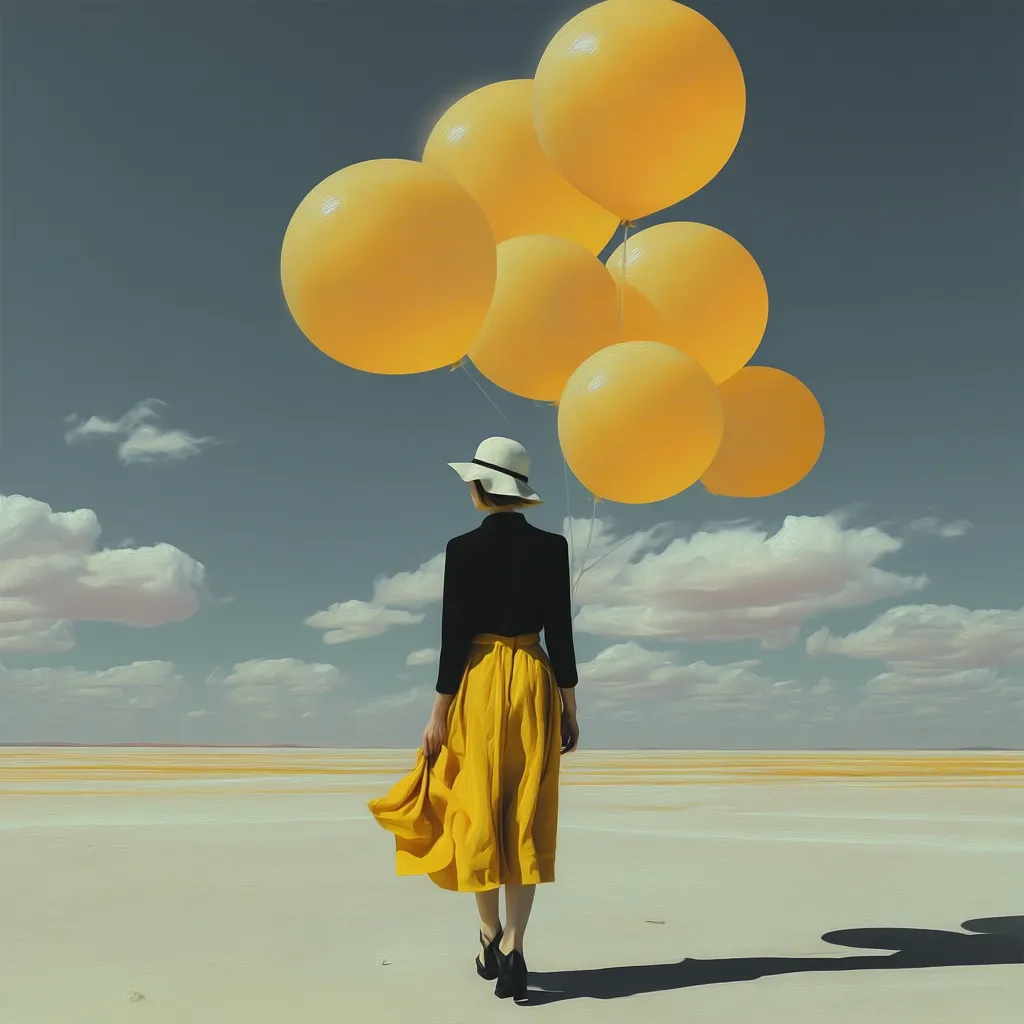 A woman in a black top and mustard yellow skirt walks away from the viewer across a pale, flat landscape.  She wears a white hat and holds the strings of a cluster of large, bright yellow balloons floating against a pale blue sky with fluffy white clouds.  The scene evokes a feeling of lightness, freedom, and hopeful journey.