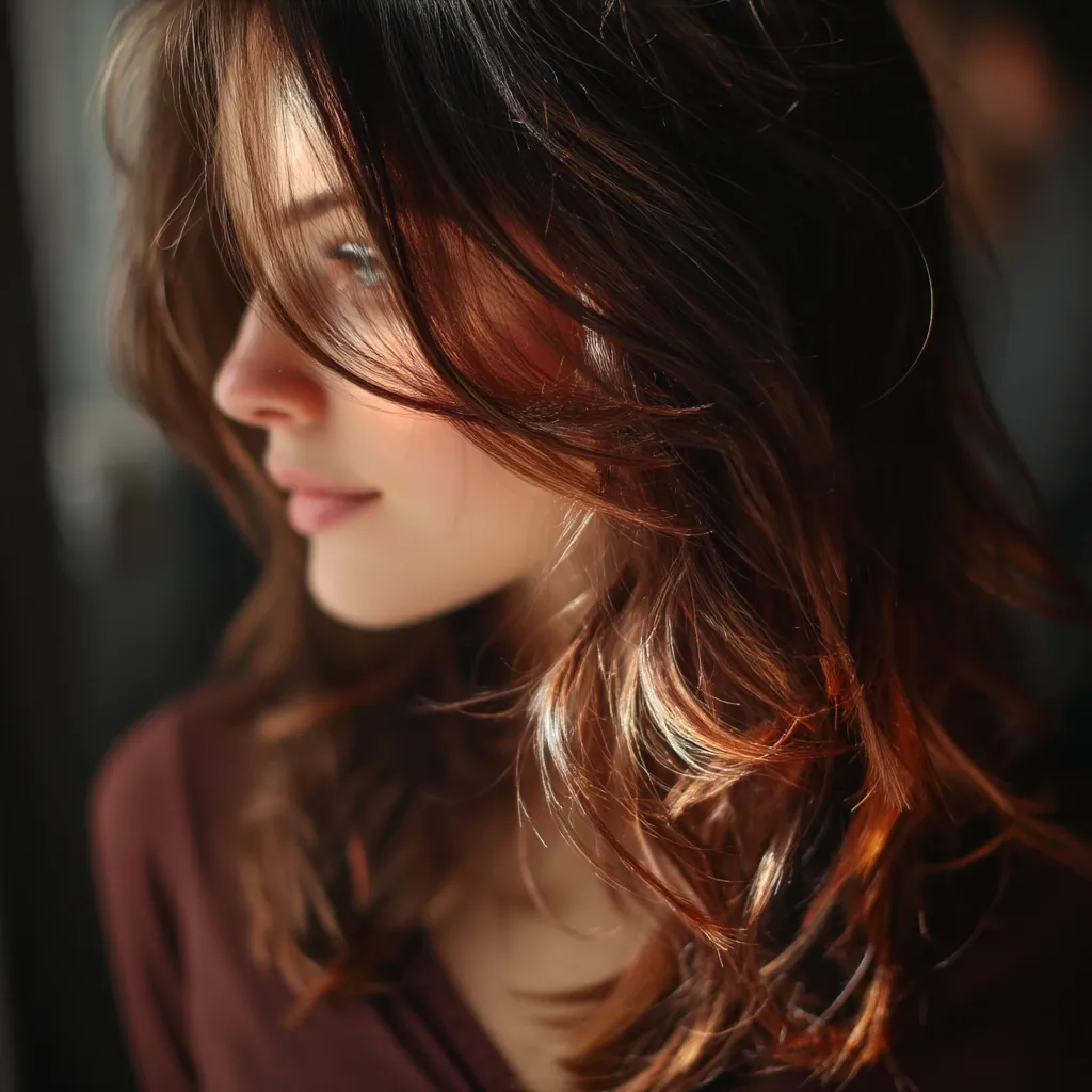 Close-up profile view of a young woman with long, wavy auburn hair that partially obscures her face.  Sunlight illuminates strands of her hair, highlighting their rich color. She is wearing a dark maroon top, and her expression is pensive and slightly melancholic. The overall mood is intimate and evocative.