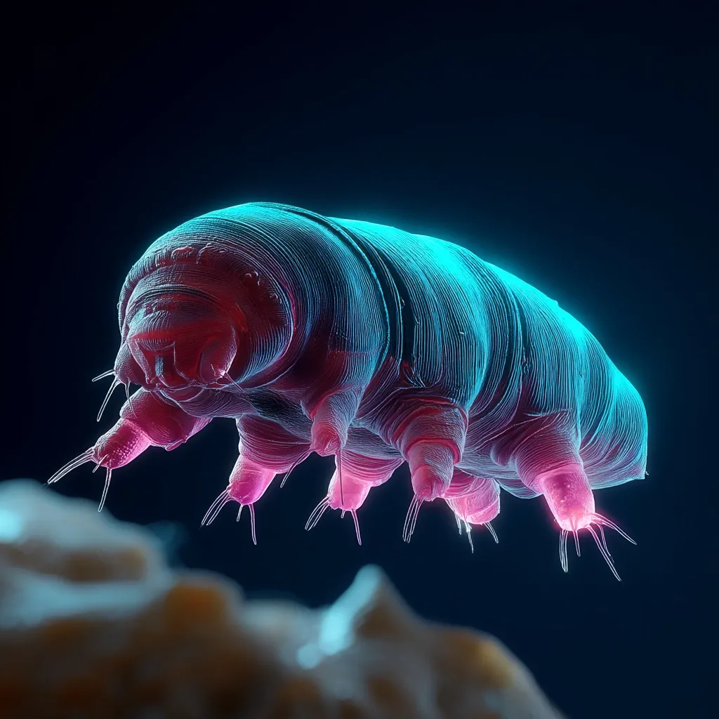A vibrant, stylized rendering of a tardigrade, also known as a water bear, is depicted. Its segmented body is rendered in shades of pink and teal, emphasizing its eight legs and microscopic claws.  The creature appears to hover above an out-of-focus, textured surface, creating a dramatic contrast. The background is a deep, dark blue, further highlighting the tardigrade's luminescent features.