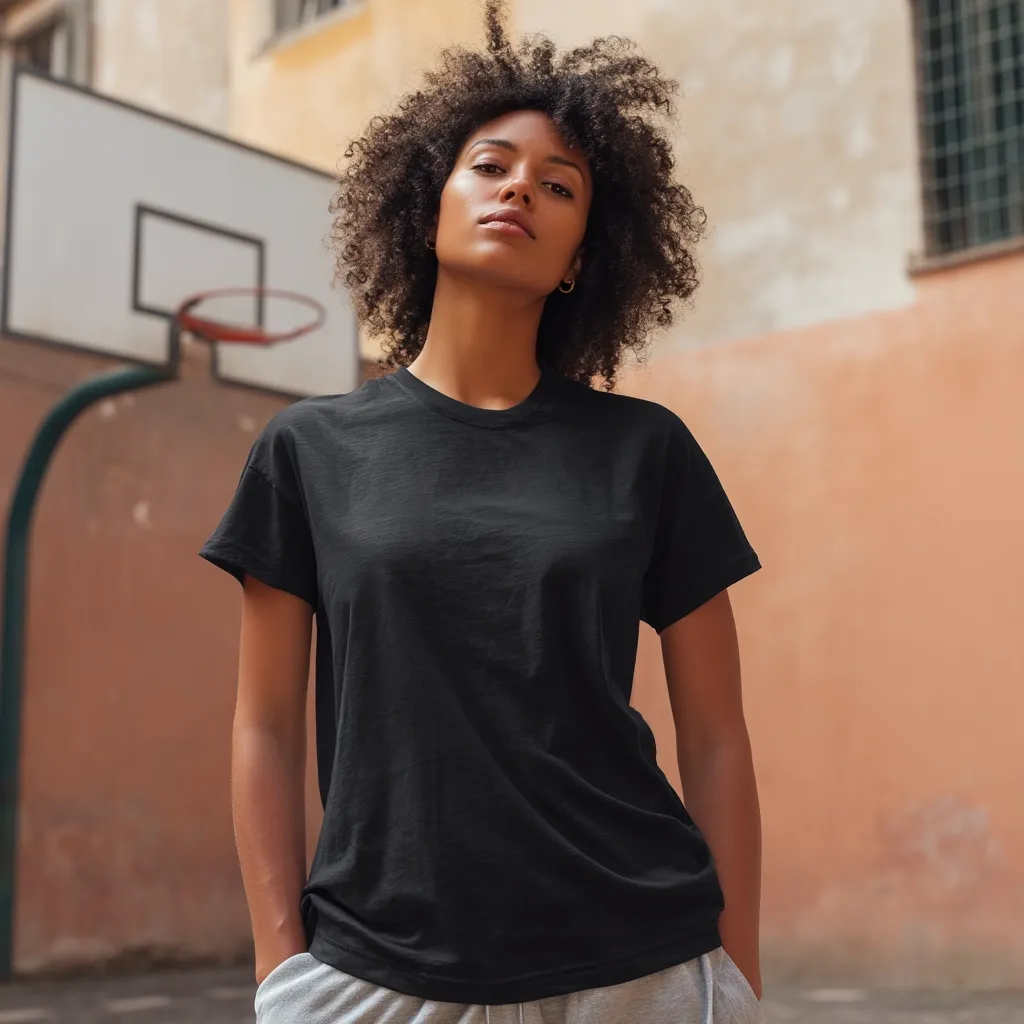 A young woman with curly hair stands confidently in front of a basketball hoop. She's wearing a simple black t-shirt and grey sweatpants, exuding a casual yet stylish vibe. The background features an aged, peach-toned building, providing a contrast to her dark clothing. The overall image projects a sense of urban cool and effortless style.