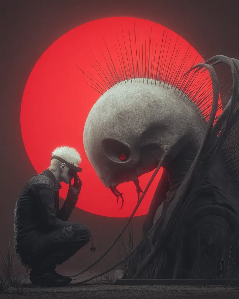 A digital artwork depicts a humanoid figure in dark clothing, crouching before a large, alien-like creature. The creature has a grey, skull-like head with sharp protrusions and a single red eye.  A large, blood-red sun dominates the background. The scene is stark, atmospheric, and suggestive of a meeting between human and extraterrestrial, possibly one of reverence or apprehension.  The overall mood is dark and mysterious.