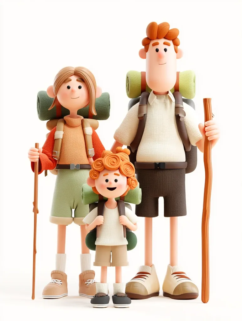 A charming 3D illustration depicts a family of three—a father, mother, and child—prepared for a hiking adventure.  Each figure sports a backpack and hiking attire, with the father holding a walking stick.  Their cheerful expressions and colorful clothing create a fun, whimsical scene.  The style is playful and cartoonish, suggesting a lighthearted and enjoyable family outing.