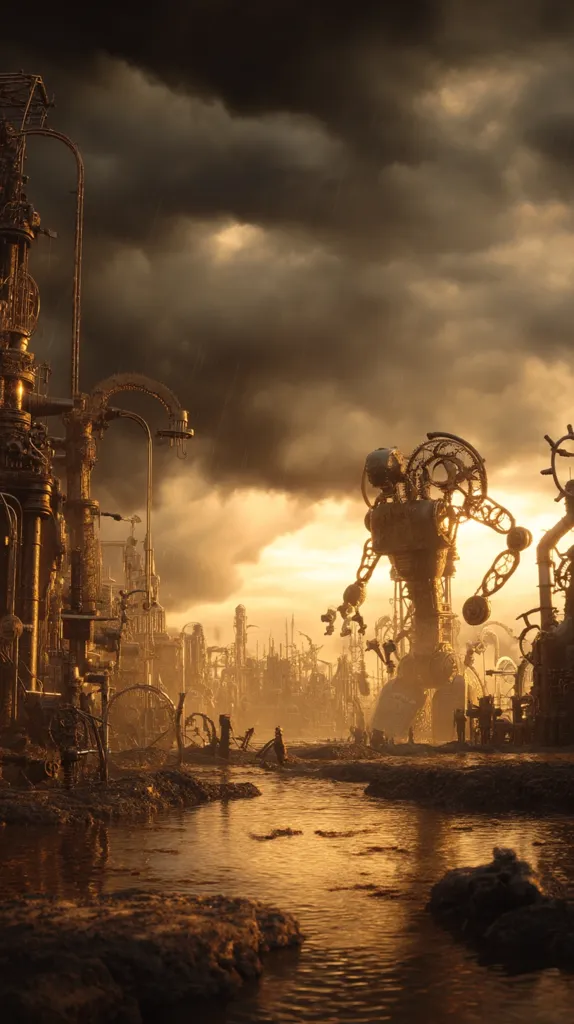 A steampunk-inspired cityscape under a dramatic, stormy sky.  Massive, intricate clockwork machinery dominates the scene, including a colossal automaton standing amidst decaying structures.  A murky waterway winds through the polluted, industrial landscape, bathed in the warm glow of a setting or rising sun.  The overall atmosphere is one of post-apocalyptic decay and technological grandeur.