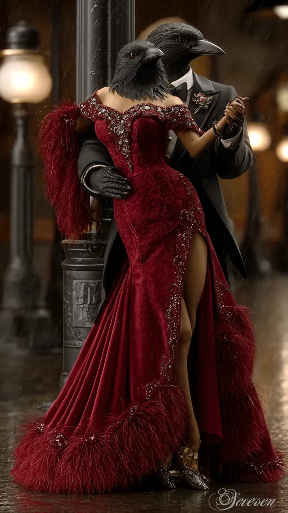 A captivating image showcases a couple, their heads replaced with those of ravens, elegantly dressed in 1920s attire. The woman is stunning in a crimson velvet gown adorned with feathers and embellishments. Her raven partner is impeccably dressed in a tuxedo.  They dance intimately under a streetlamp in the rain, creating a surreal and romantic scene.