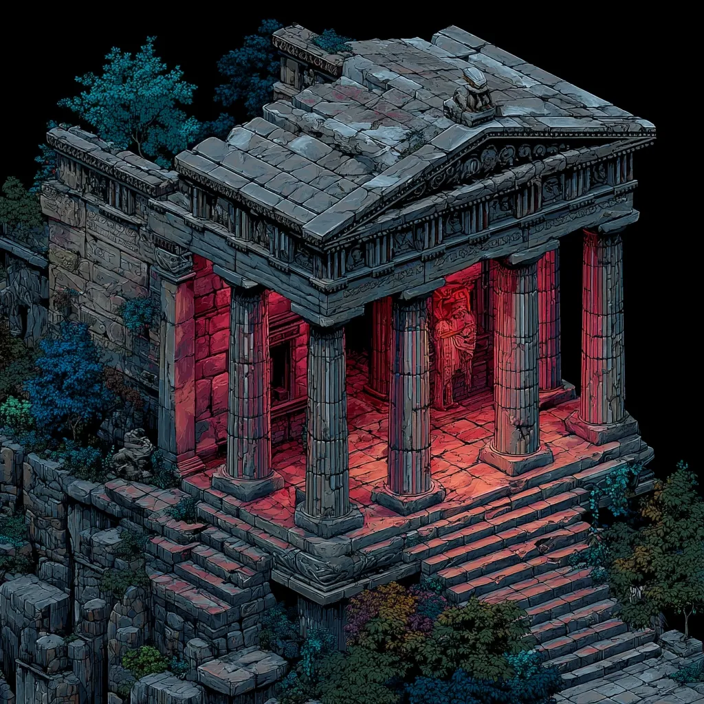 An isometric illustration depicts a crumbling ancient Greek temple, bathed in an eerie red glow emanating from within.  The temple, partially overgrown with vegetation, features weathered columns, a damaged roof, and a statue visible inside.  Stone steps lead down from the temple, nestled amidst lush greenery on a cliffside. The overall aesthetic is one of age and mystery.