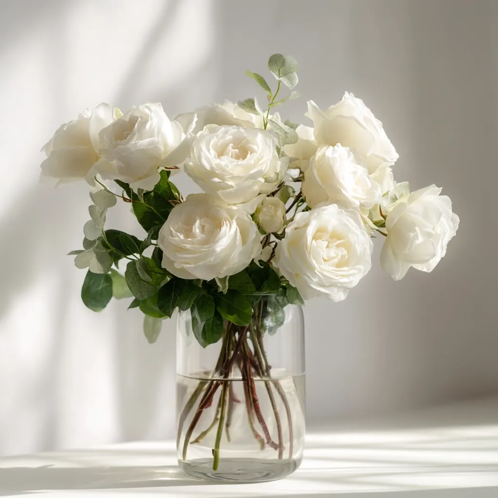 A bouquet of creamy white roses, accented with eucalyptus leaves, sits in a clear glass vase.  Sunlight streams through a window, casting soft shadows on the white background. The roses are full and lush, creating a simple yet elegant arrangement. The overall aesthetic is serene and peaceful.