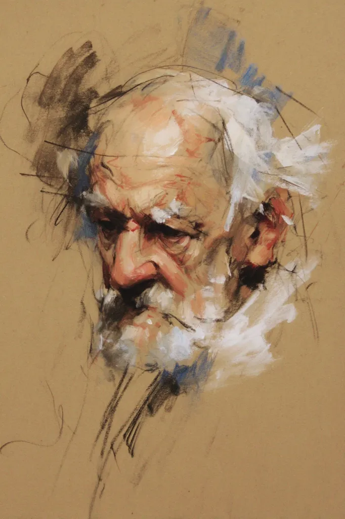 A pastel portrait captures the essence of an elderly man. His weathered face, etched with lines of age, is framed by a halo of white hair.  The artist's loose brushstrokes suggest a thick, white beard and convey a sense of depth and texture to his skin. The overall impression is one of quiet contemplation and the passage of time.  The background is a muted tan, allowing the subject's features to stand out prominently.