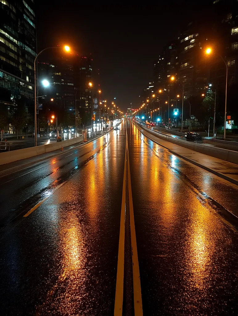 A rain-slicked city street at night reflects the warm glow of streetlights.  Tall buildings line both sides of the road, their windows dark except for a few illuminated interiors.  The wet asphalt gleams, creating a mirror-like surface that doubles the city's lights.  Sparse traffic moves along the road, adding to the quiet, nocturnal atmosphere.
