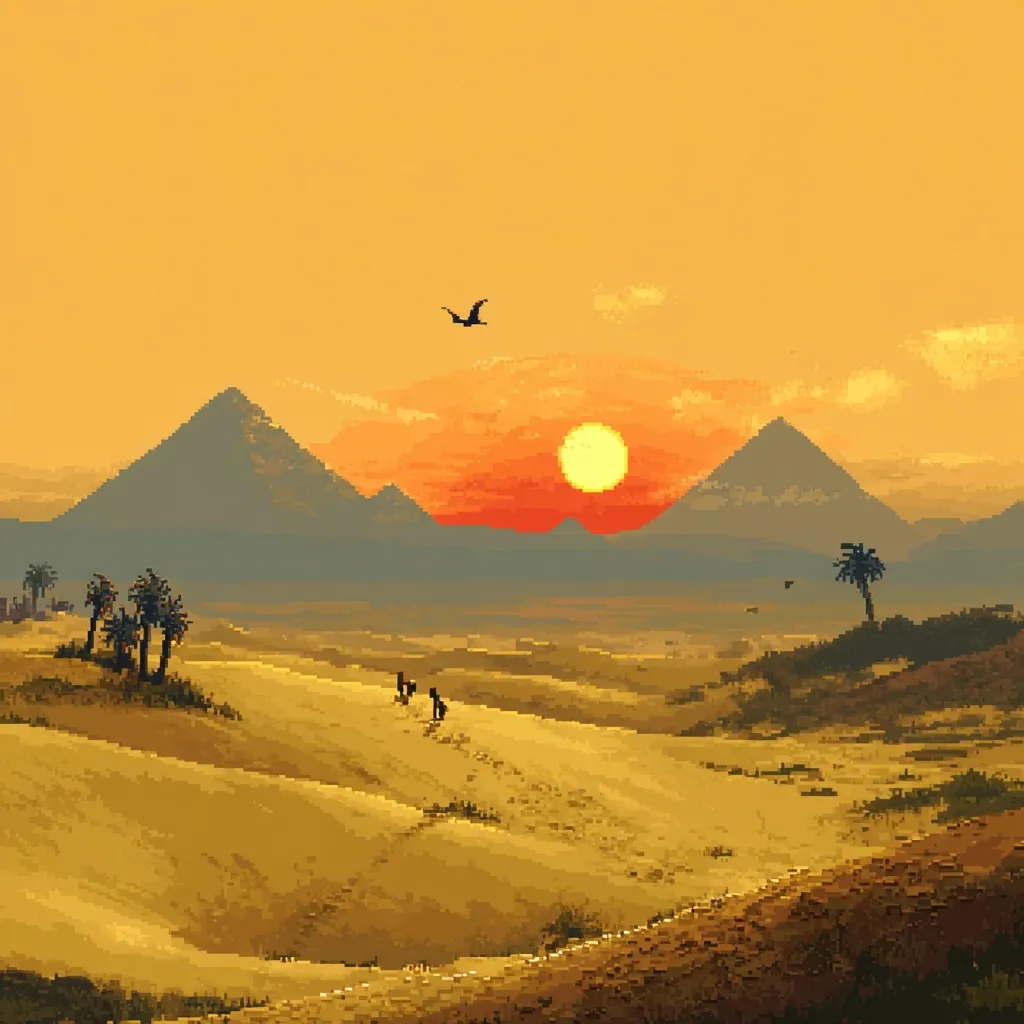 A pixel art depiction of a desert sunset.  Three pyramids stand silhouetted against a vibrant orange sky, where a large sun dominates the horizon.  A lone bird flies overhead.  In the foreground, a sandy landscape stretches out, with a few palm trees and figures of people traversing the dunes. The overall mood is peaceful and evocative of ancient Egypt.